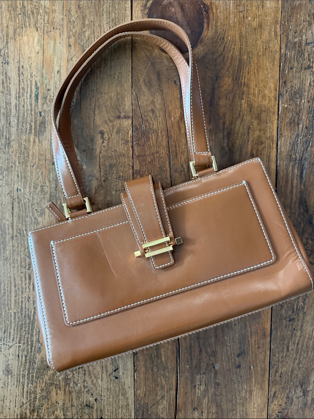 Antonio Melani Brown Leather Contrast Stitch Structured Shoulder Bag 11x6x3"